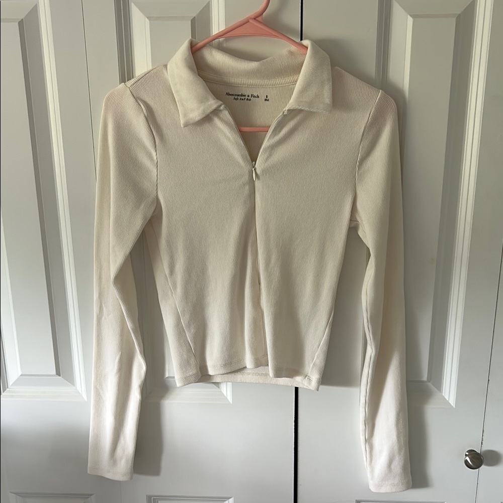 Abercrombie & Fitch Cream Fitted Long Sleeve Zip Shirt